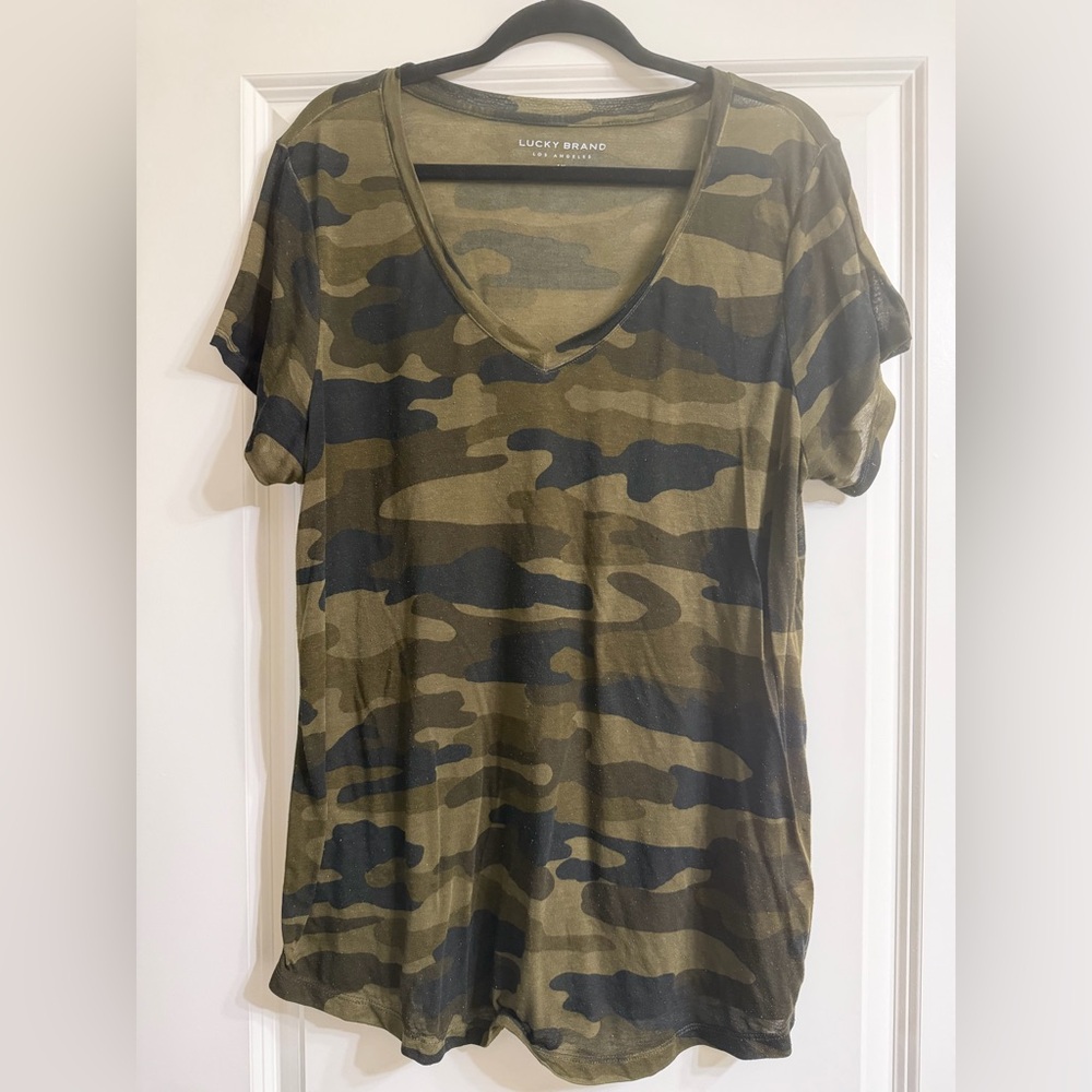 Lucky Brand Olive and Black Camouflage V-Neck Tee